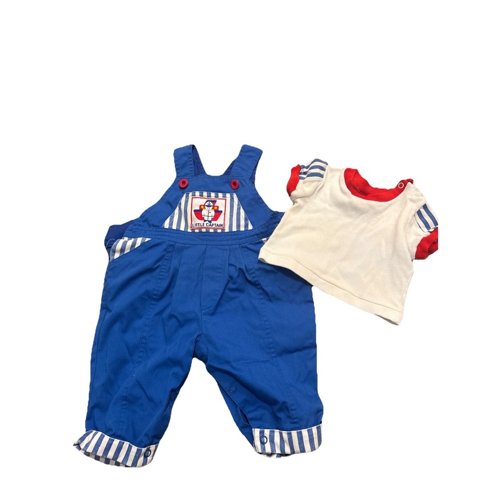 Vintage Blue White Striped Baby  "Lil Captain" Overalls Collar Shirt 6 Months